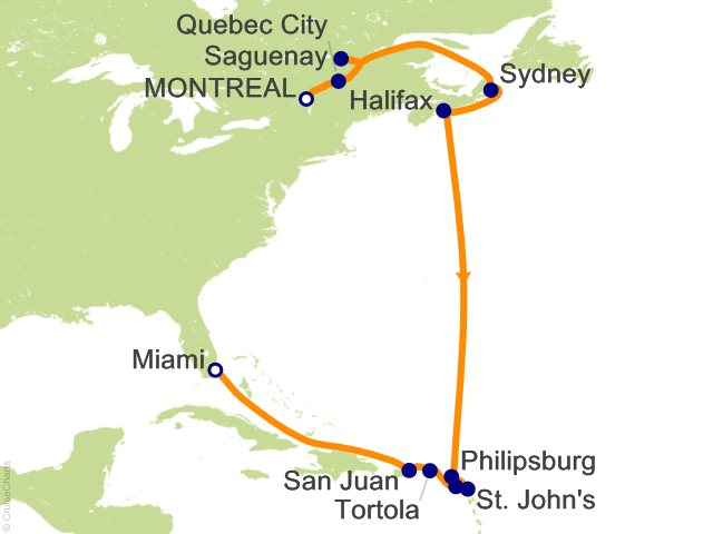 Carte de l’itinéraire Seven Seas Splendor, Montréal → Miami