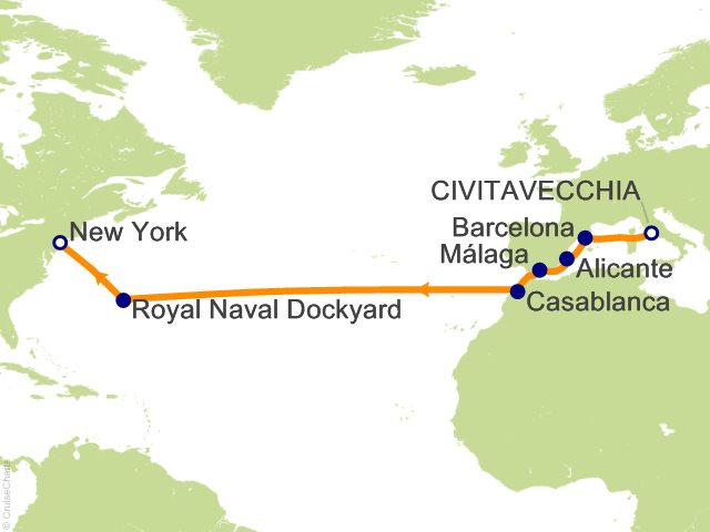 Carte de l’itinéraire Seven Seas Splendor, Rome (Civitavecchia) → New York