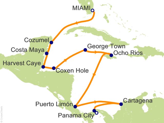 Carte de l’itinéraire Seven Seas Splendor, Miami → Panama