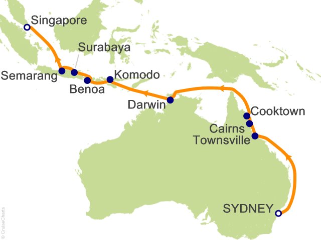 Carte de l’itinéraire Seven Seas Splendor, Sydney → Singapour
