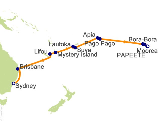 Carte de l’itinéraire Seven Seas Splendor, Papeete (Tahiti) → Sydney