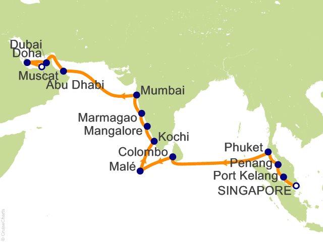 Carte de l’itinéraire Seven Seas Splendor, Singapour → Abu Dhabi