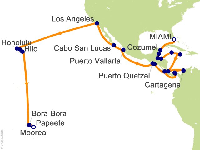 Carte de l’itinéraire Seven Seas Splendor, Miami → Papeete (Tahiti)