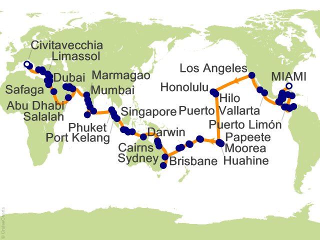 Carte de l’itinéraire Seven Seas Splendor, Miami → Rome (Civitavecchia)