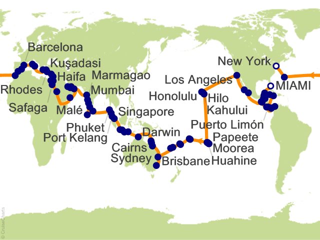 Carte de l’itinéraire Seven Seas Splendor, Miami → New York