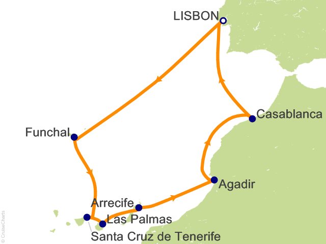 Carte de l’itinéraire Seven Seas Splendor, Lisbonne → Lisbonne