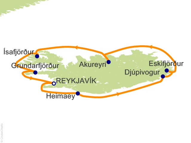 Carte de l’itinéraire Seven Seas Splendor, Reykjavík → Reykjavík