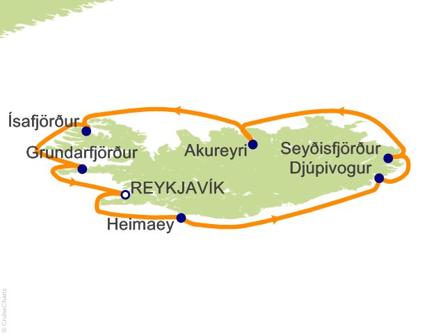 Carte de l’itinéraire Seven Seas Splendor, Reykjavík → Reykjavík