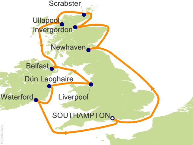 Carte de l’itinéraire Seven Seas Splendor, Londres (Southampton) → Londres (Southampton)