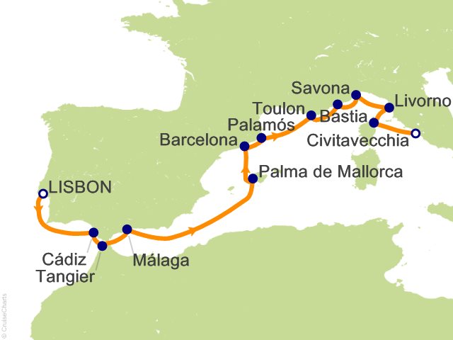Carte de l’itinéraire Seven Seas Splendor, Lisbonne → Rome (Civitavecchia)