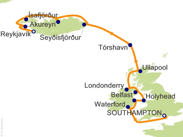 Carte de l’itinéraire Seven Seas Splendor, Londres (Southampton) → Reykjavík