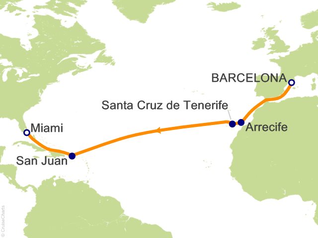 Carte de l’itinéraire Seven Seas Splendor, Barcelone (Tarragona) → Miami