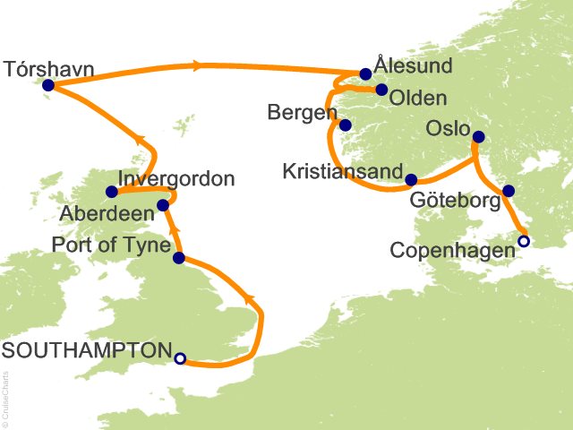 Carte de l’itinéraire Seven Seas Splendor, Londres (Southampton) → Copenhague