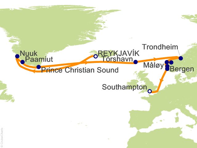 Carte de l’itinéraire Seven Seas Splendor, Reykjavík → Londres (Southampton)