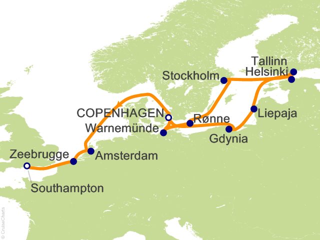 Carte de l’itinéraire Seven Seas Splendor, Copenhague → Londres (Southampton)