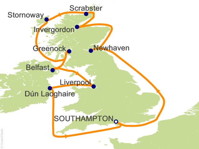 Carte de l’itinéraire Seven Seas Splendor, Londres (Southampton) → Londres (Southampton)
