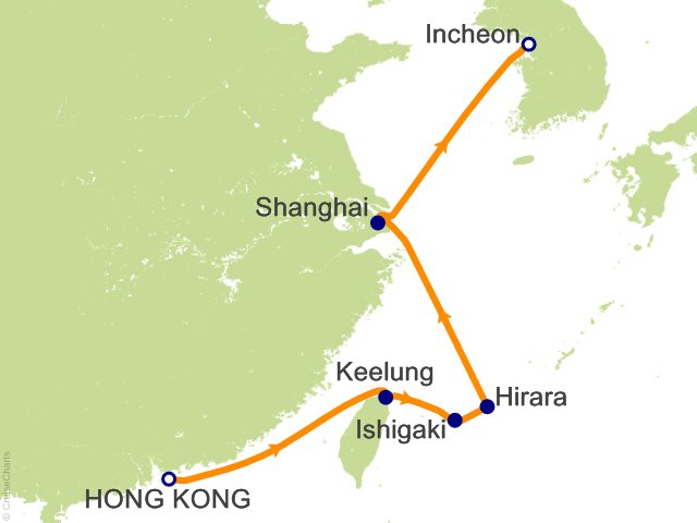 Carte de l’itinéraire Seven Seas Splendor, Hong Kong → Seoul (Incheon)