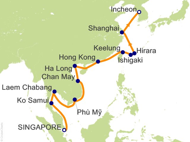 Carte de l’itinéraire Seven Seas Splendor, Singapour → Seoul (Incheon)