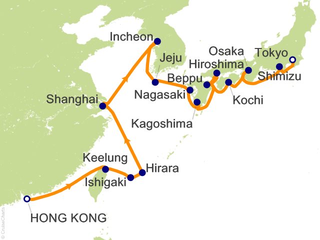 Carte de l’itinéraire Seven Seas Splendor, Hong Kong → Tokyo