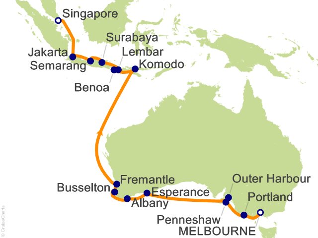Carte de l’itinéraire Seven Seas Splendor, Melbourne → Singapour
