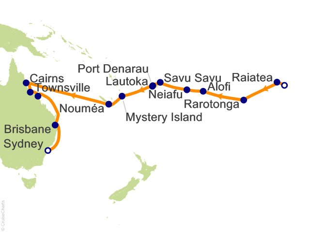 Carte de l’itinéraire Seven Seas Splendor, Papeete (Tahiti) → Sydney