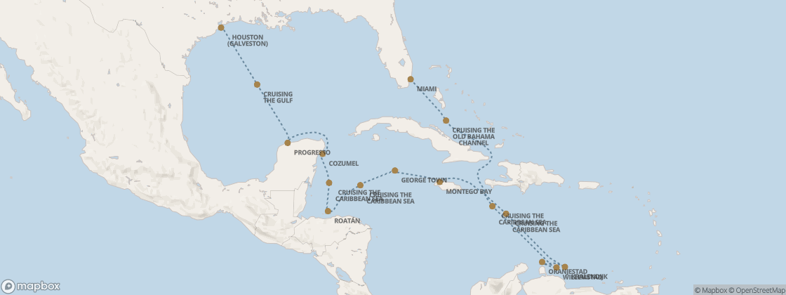 Carte de l’itinéraire Seven Seas Splendor, Miami → Houston (Galveston)