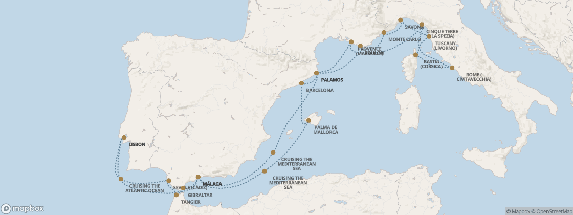 Carte de l’itinéraire Seven Seas Splendor, Lisbonne → Lisbonne