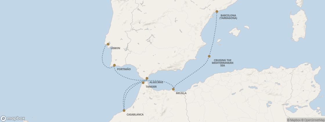 Carte de l’itinéraire Seven Seas Splendor, Lisbonne → Barcelone (Tarragona)