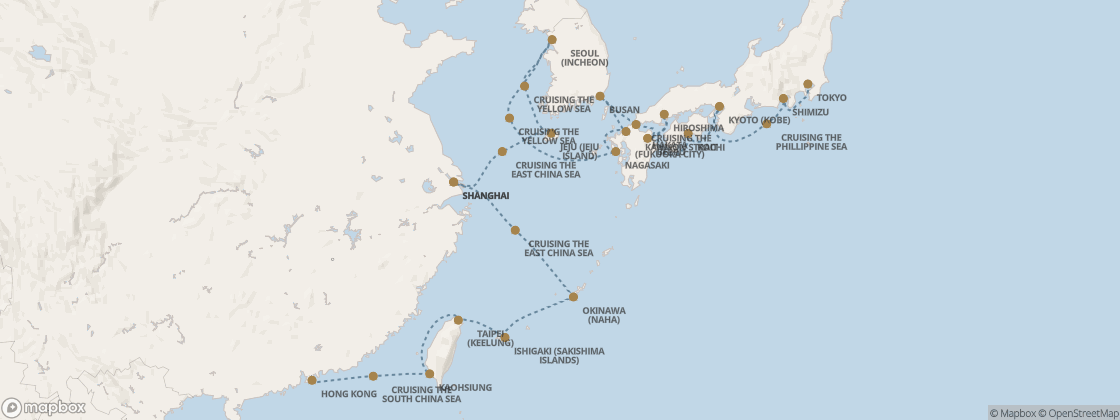 Carte de l’itinéraire Seven Seas Splendor, Tokyo → Hong Kong