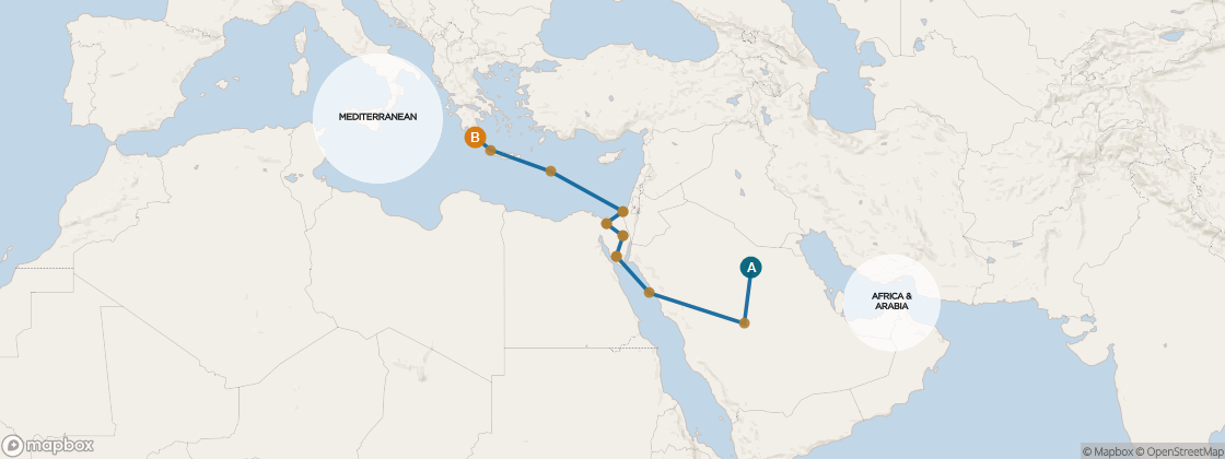 Carte de l’itinéraire Seven Seas Mariner, Dubai → Rome (Civitavecchia)