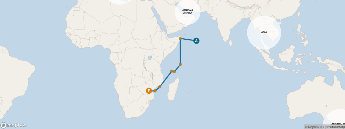 Carte de l’itinéraire Seven Seas Navigator, Doha, Qatar → Le Cap, Afrique du Sud