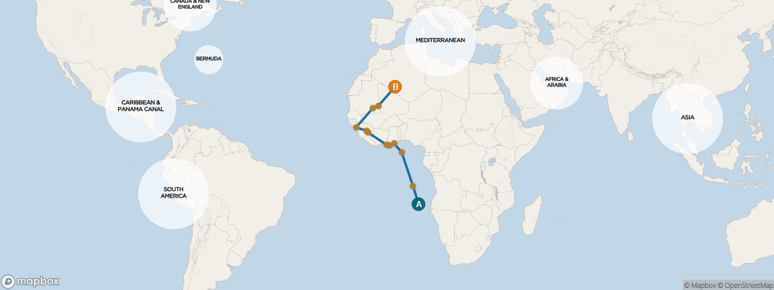 Carte de l’itinéraire Seven Seas Navigator, Le Cap, Afrique du Sud → Barcelone, Espagne
