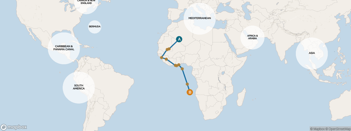 Carte de l’itinéraire Seven Seas Navigator, Barcelone, Espagne → Le Cap, Afrique du Sud