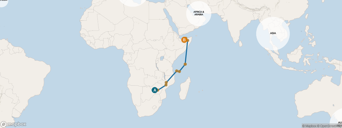 Carte de l’itinéraire Seven Seas Navigator, Le Cap, Afrique du Sud → Abu Dhabi, U.A.E.