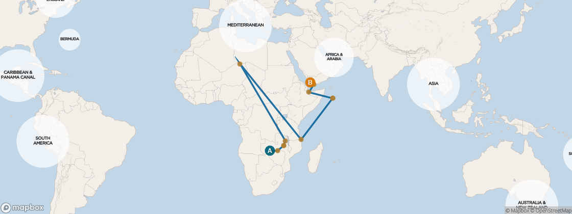 Carte de l’itinéraire Seven Seas Voyager, Le Cap, Afrique du Sud → Dubai, Émirats arabes unis