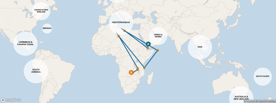 Carte de l’itinéraire Seven Seas Voyager, Dubai, Émirats arabes unis → Le Cap, Afrique du Sud