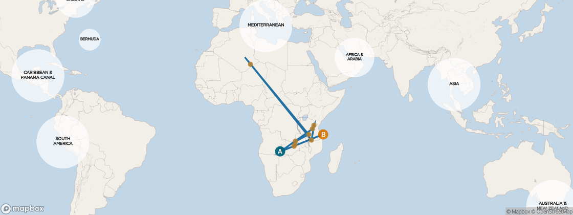 Carte de l’itinéraire Seven Seas Voyager, Le Cap, Afrique du Sud → Port Louis, Maurice