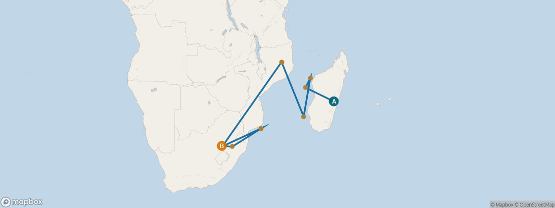 Carte de l’itinéraire Seven Seas Voyager, Port Louis, Maurice → Le Cap, Afrique du Sud