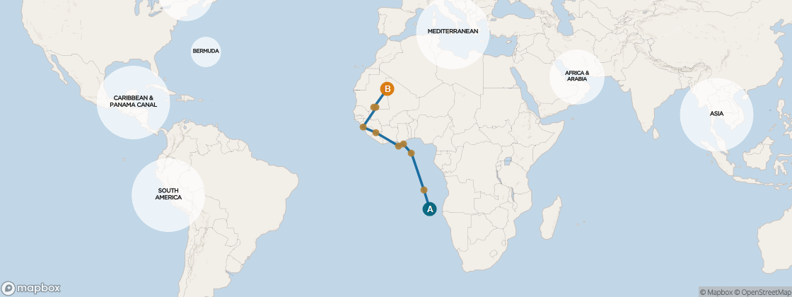Carte de l’itinéraire Seven Seas Voyager, Le Cap, Afrique du Sud → Lisbonne, Portugal