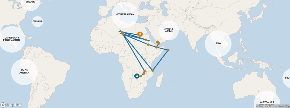 Carte de l’itinéraire Seven Seas Voyager, Le Cap, Afrique du Sud → Athènes (Le Pirée), Grèce