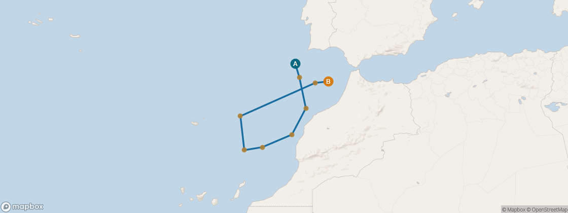 Carte de l’itinéraire Seven Seas Voyager, Lisbonne, Portugal → Malaga, Espagne
