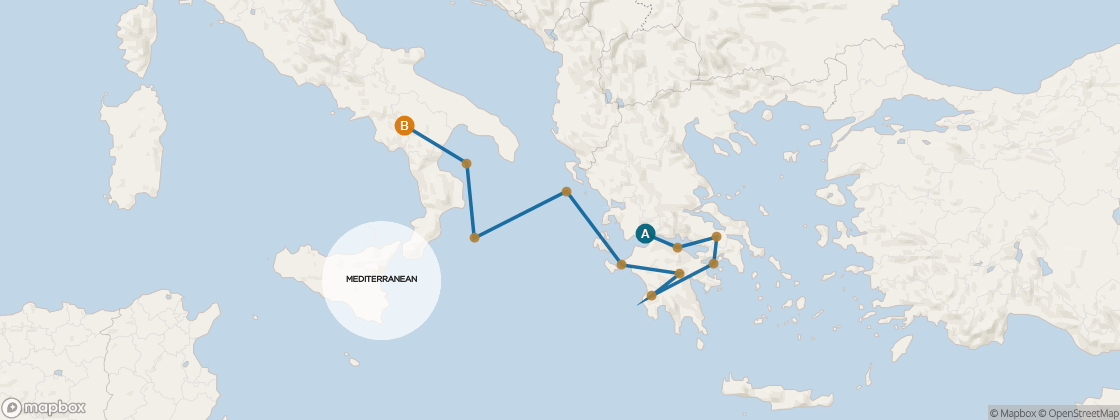 Carte de l’itinéraire Seven Seas Voyager, Athènes (Le Pirée), Grèce → Rome (Civitavecchia), Italie