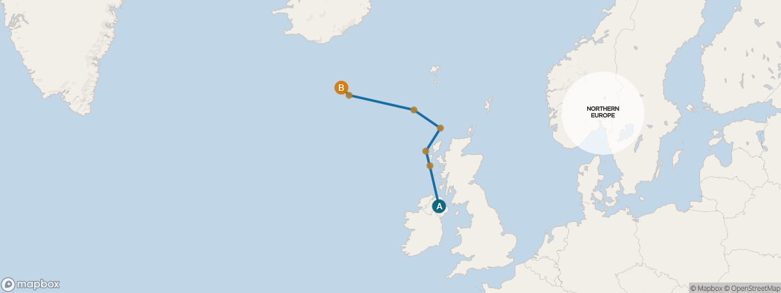 Carte de l’itinéraire Seven Seas Voyager, Londres (Southampton) → Reykjavík