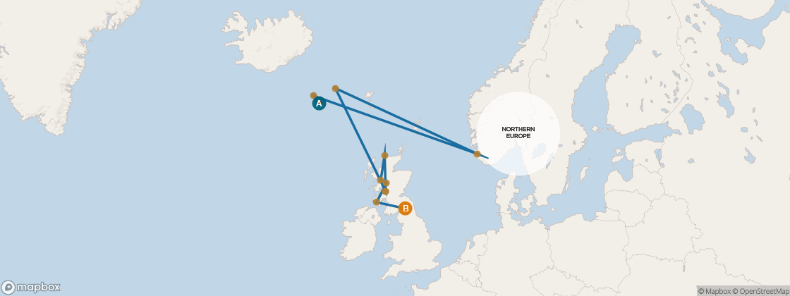 Carte de l’itinéraire Seven Seas Voyager, Reykjavík → Londres (Southampton)