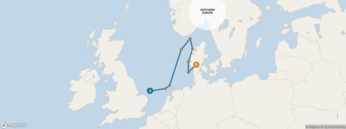 Carte de l’itinéraire Seven Seas Voyager, Londres (Southampton) → Copenhague