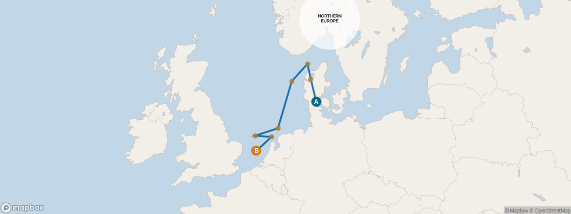 Carte de l’itinéraire Seven Seas Voyager, Copenhague → Paris (Le Havre)