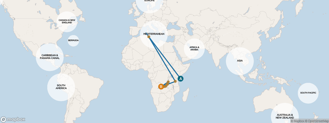 Carte de l’itinéraire Seven Seas Voyager, Port Louis → Le Cap