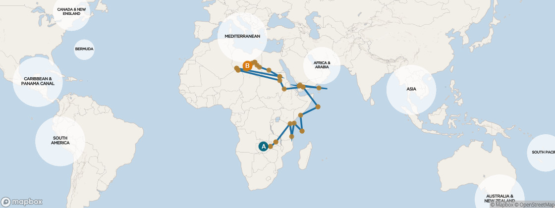 Carte de l’itinéraire Seven Seas Voyager, Le Cap → Barcelone