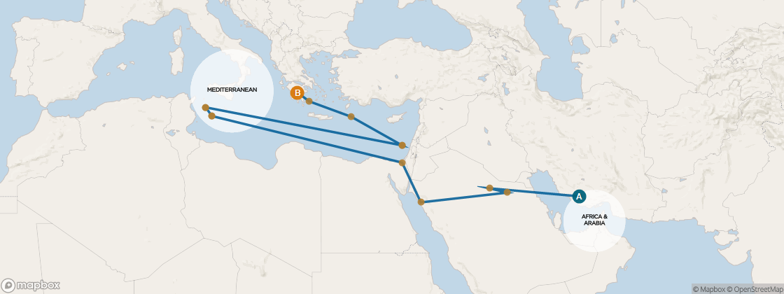 Carte de l’itinéraire Seven Seas Voyager, Doha → Rome (Civitavecchia)