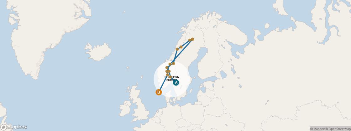 Carte de l’itinéraire Seven Seas Voyager, Copenhague → Londres (Southampton)